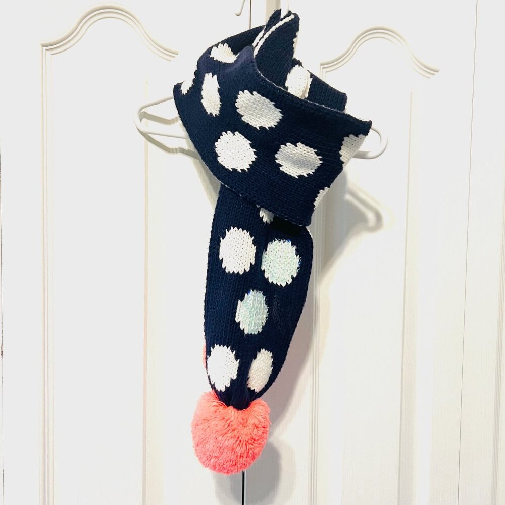 Gymboree-Cotton Blend Sequin Navy Blue/White-Peach Pom Pons Scarf-72" x 5"-Soft - Picture 6 of 14